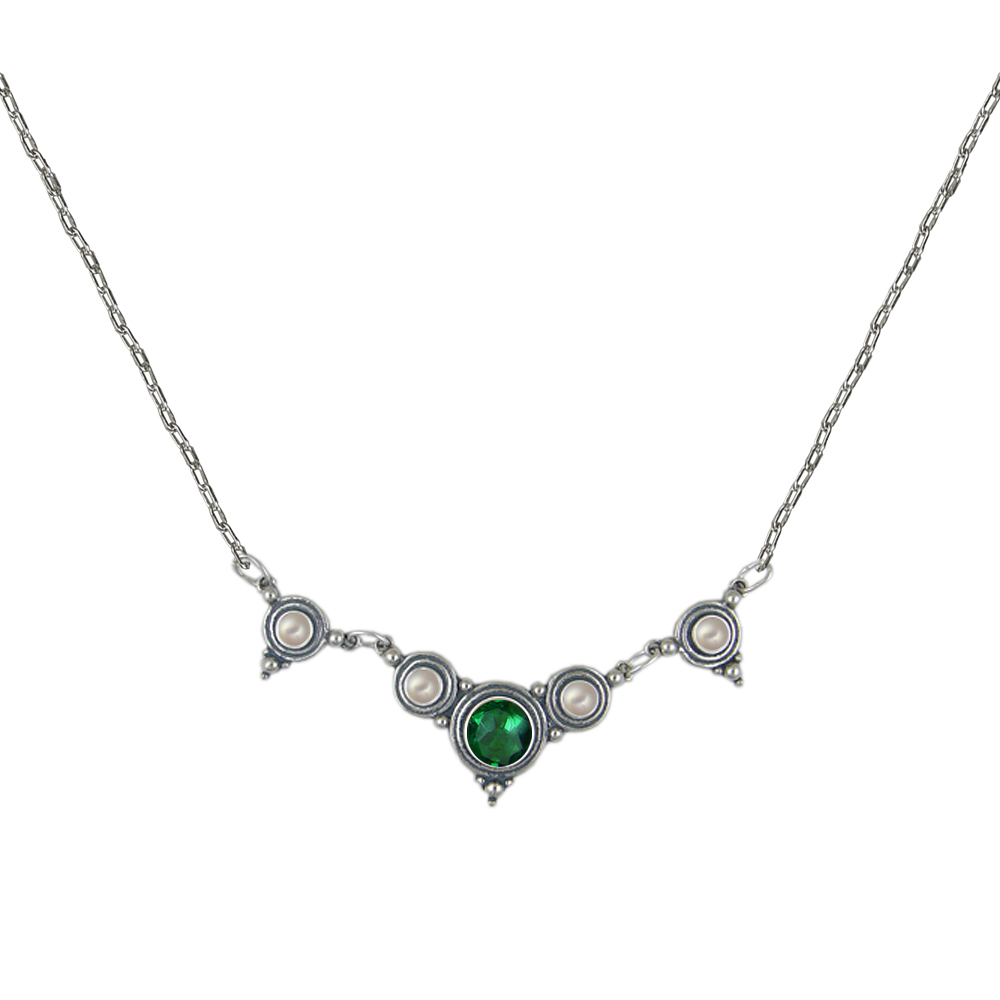 Sterling Silver Gemstone Necklace With Green And Cultured Freshwater Pearl